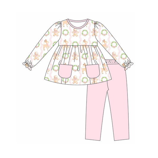 presale GLP1629  Gingerbread Man Deer Garland Pocket Pink and White Long Sleeve Pants Set 2024 7.20