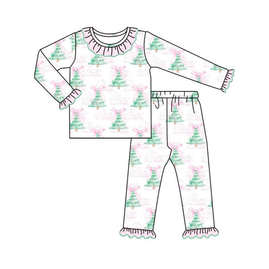 presale GLP1630  Christmas tree bow pattern pink lace white long sleeve long pants pajama set  2024 7.20