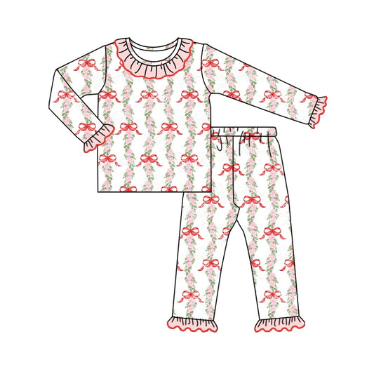 presale GLP1631  White long-sleeved and long-pants pajama set with pink lace and flower  leaf and bow pattern 2024 7.20