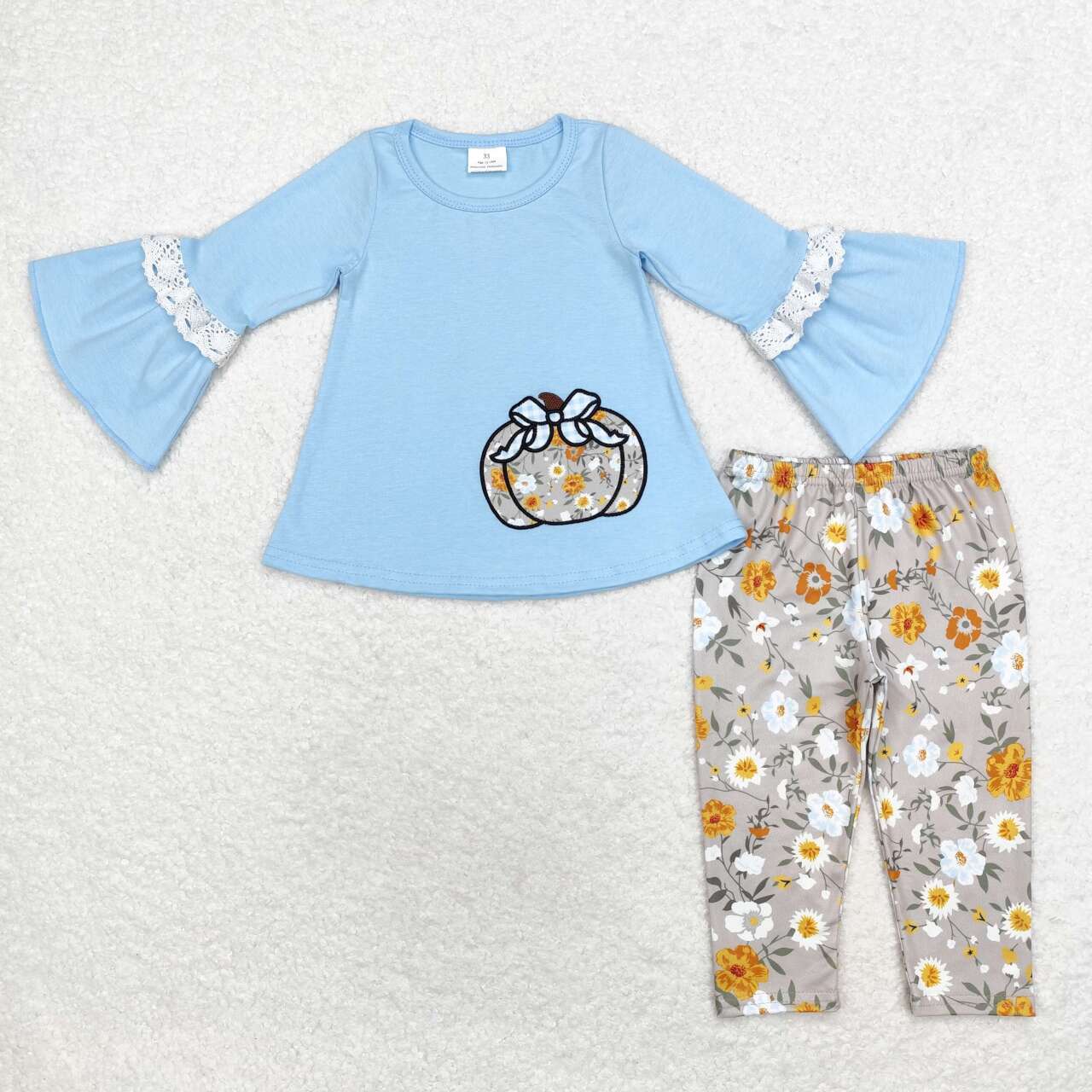 GLP1639 Bowknot Pumpkin Flower Blue Lace Long Sleeve Pants Set