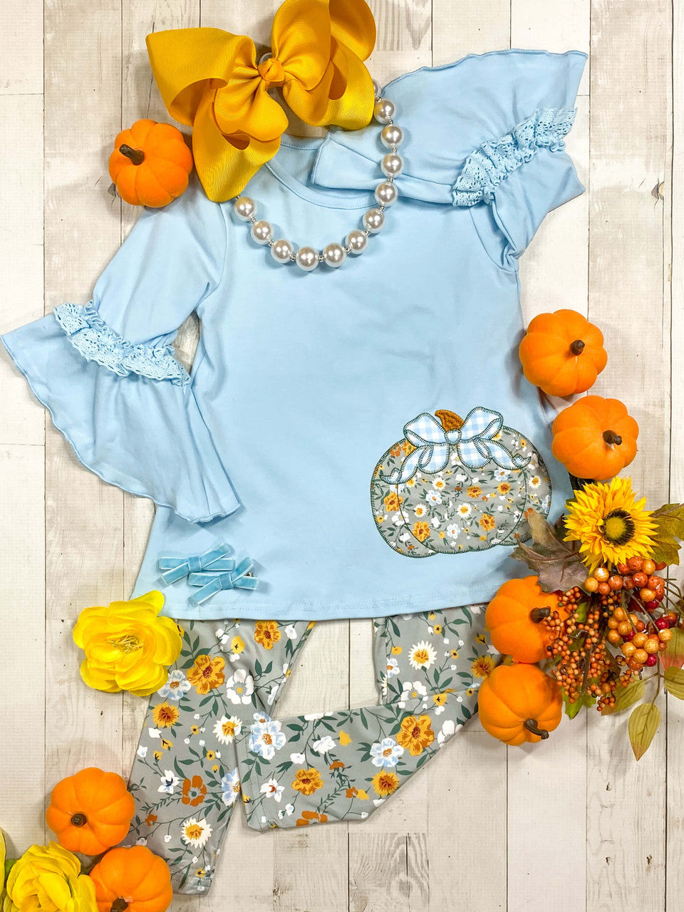 GLP1639 Bowknot Pumpkin Flower Blue Lace Long Sleeve Pants Set