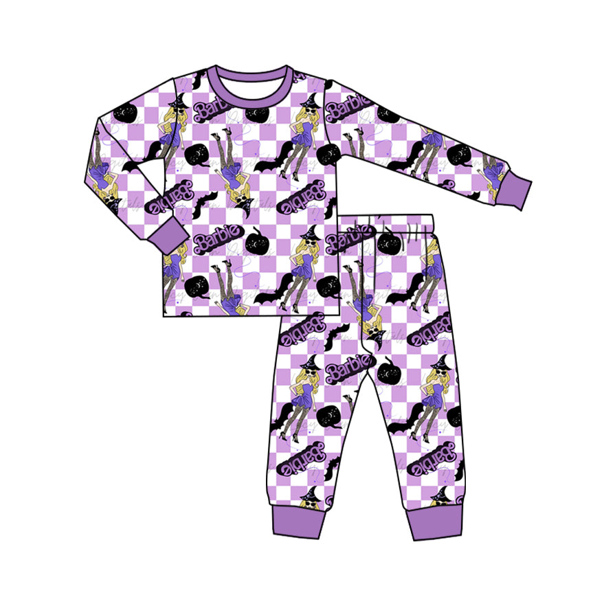 presale GLP1640 Pumpkin Halloween Purple and White Plaid Long Sleeve Long Pants Pajama Set   2024 7.22