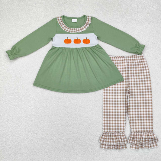 GLP1649 Pumpkin Khaki Plaid Lace Green Long Sleeve Pants Set