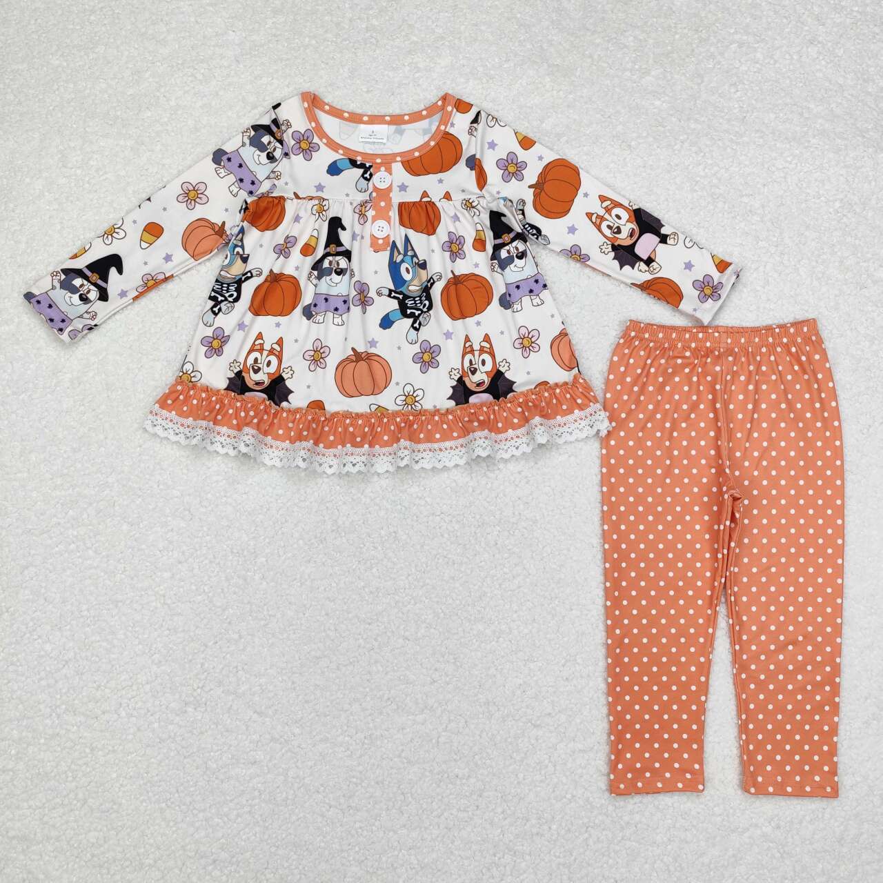 GLP1651 Halloween Pumpkin Flower Candy Polka Dot Orange Lace Long Sleeve Pants Set