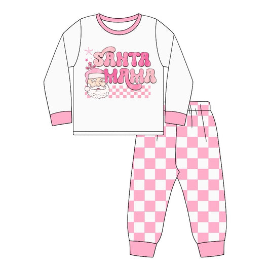 presale GLP1658 Adult women santa mama Santa Claus long-sleeved pink and white plaid trousers pajamas set 2024 7.23