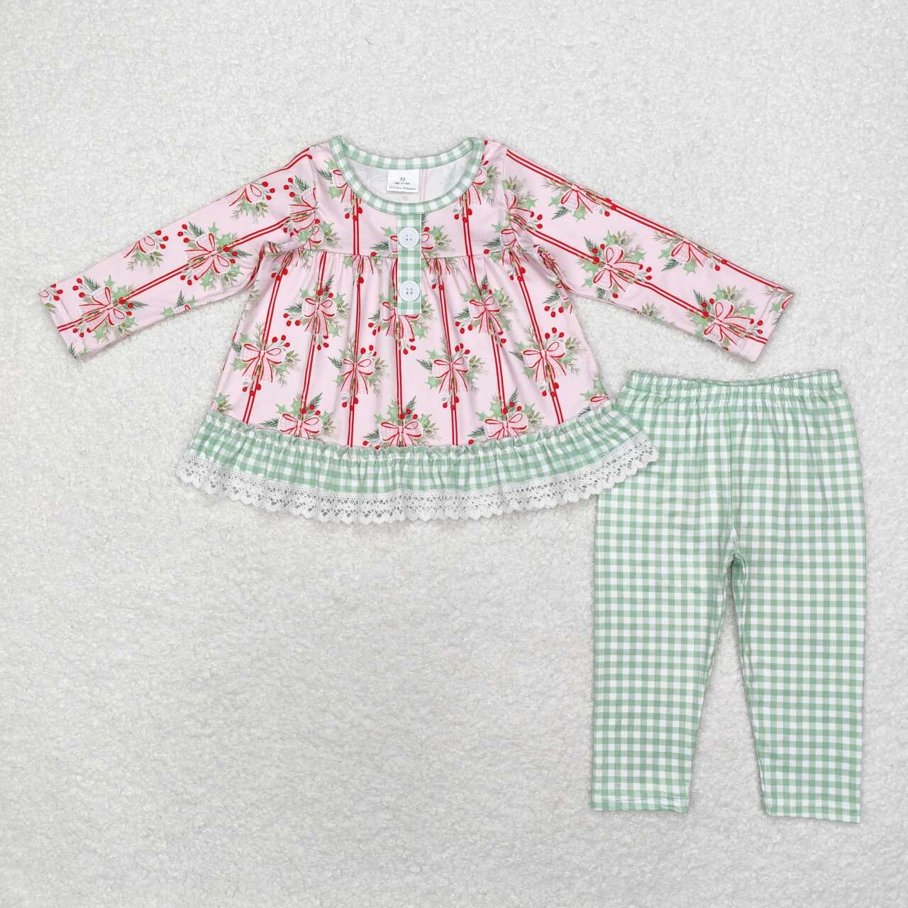 GLP1663 Christmas Bow Pattern Green Plaid Pink Long Sleeve Pants Set