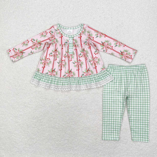 GLP1663 Christmas Bow Pattern Green Plaid Pink Long Sleeve Pants Set