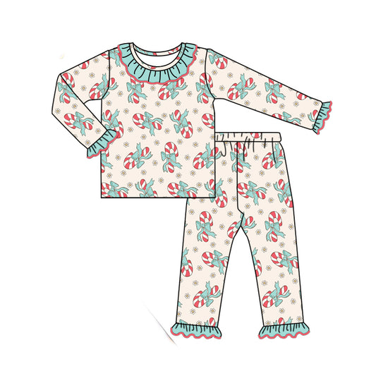 presale GLP1667  Bow Cane Flower Teal Lace Long Sleeve Long Pants Pajama Set 2024 7.24