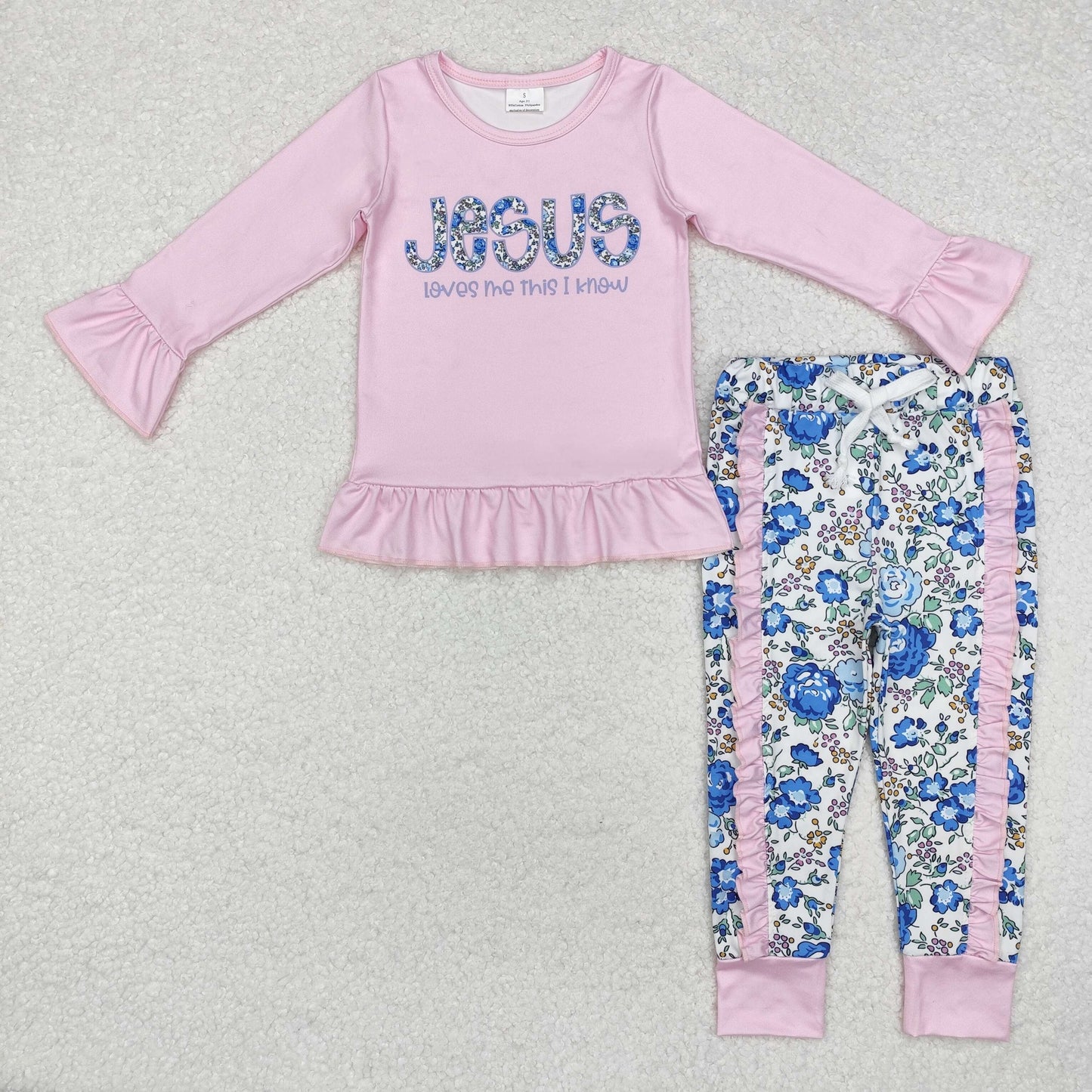 GLP1670  Pink Lace Lettering Long Sleeve Floral Pants Set