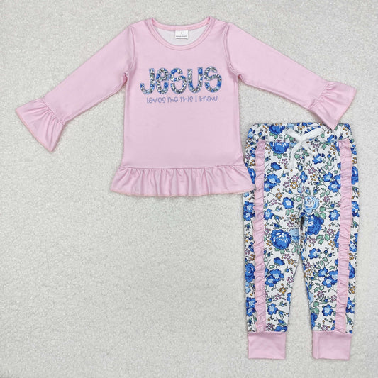 GLP1670  Pink Lace Lettering Long Sleeve Floral Pants Set