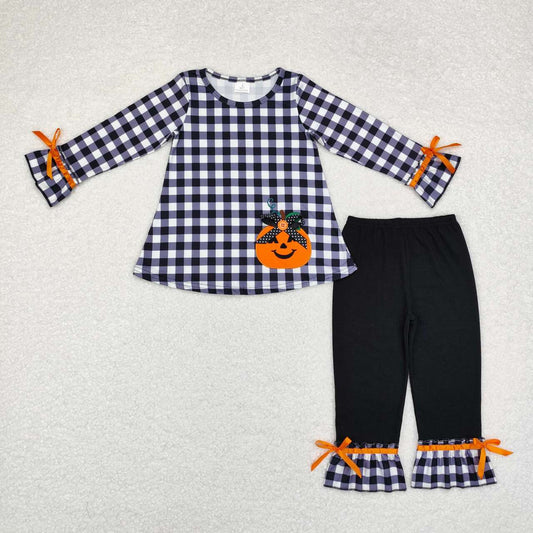 GLP1674 Pumpkin Pattern Black and White Plaid Bow Long Sleeve Pants Set