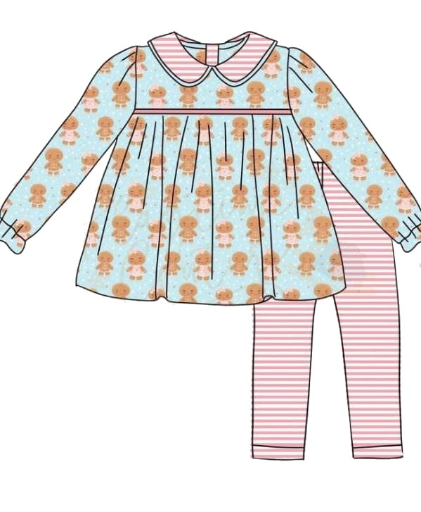 presale  GLP1678 Gingerbread Man Pink Striped Collar Long Sleeve Pants Set 2024 7.25