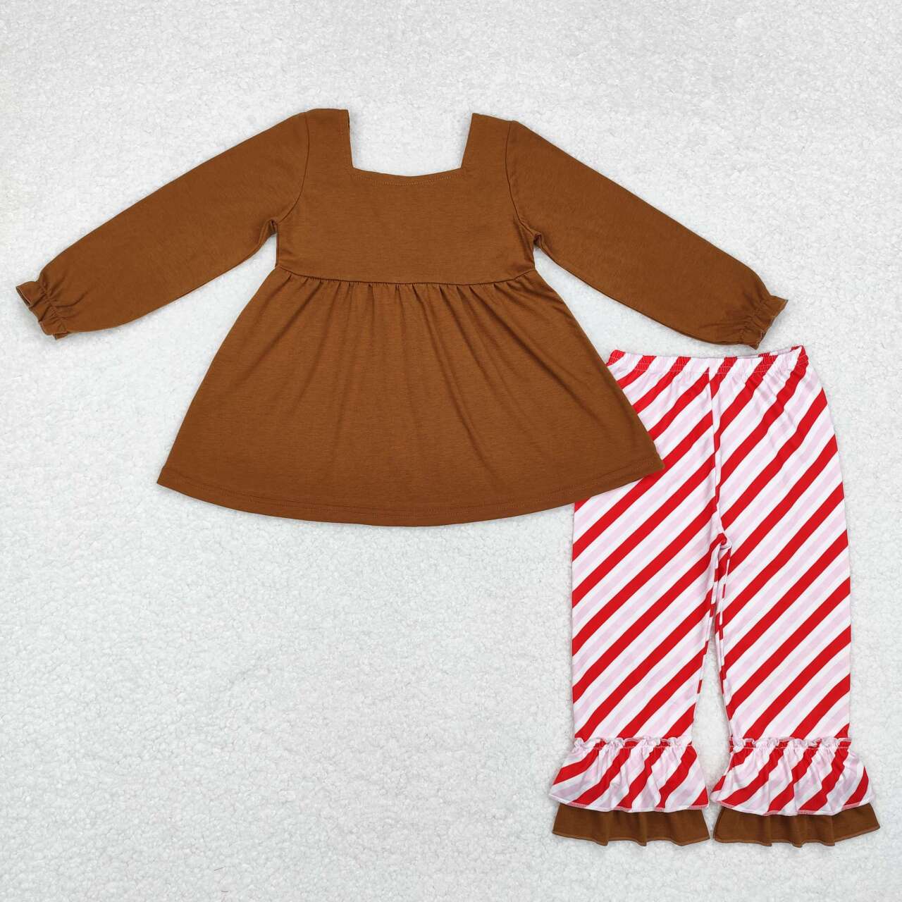 GLP1682 Brown long-sleeved top with bow pattern and red and pink striped double-layer lace trousers set