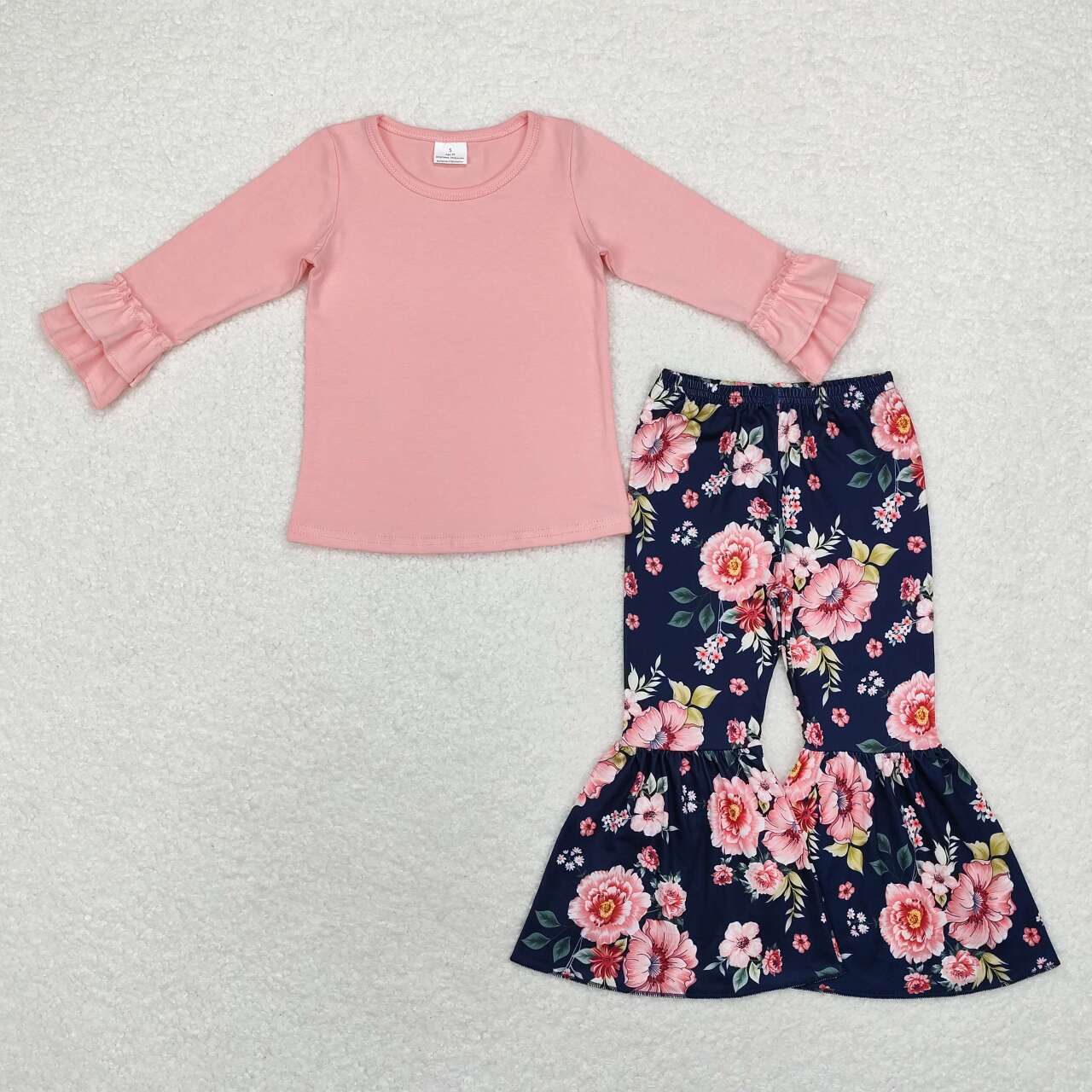 GLP1684 Solid color pink lace long-sleeved top with floral navy blue flared trousers set