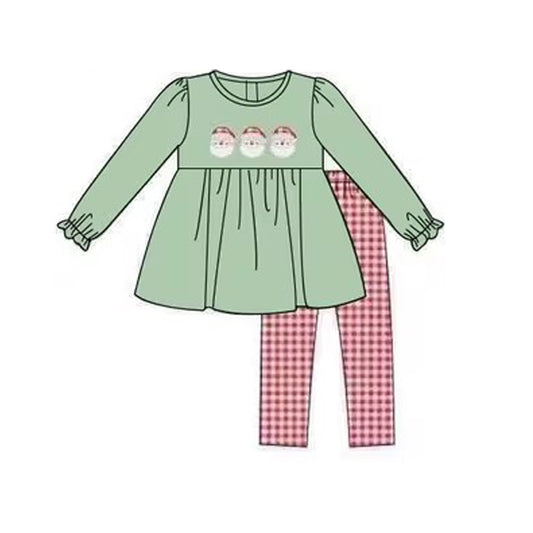 presale GLP1687  Santa Claus Print Green Long Sleeve Top and Red and White Plaid Trousers Set  2024 7.26