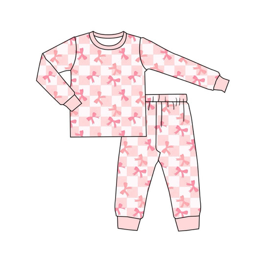 presale GLP1709 Bow Light Pink Plaid Long Sleeve Long Pants Pajama Set  2024 7.30