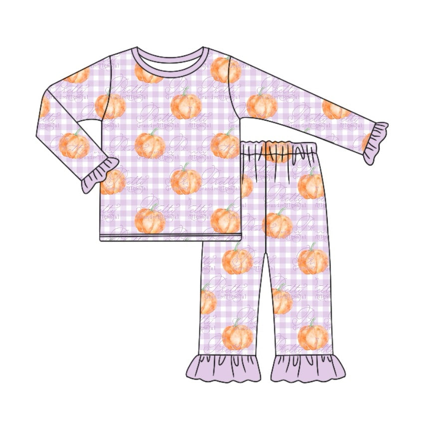 presale GLP1713  Pumpkin Purple Plaid Long Sleeve Long Pants Pajama Set 2024 7.30