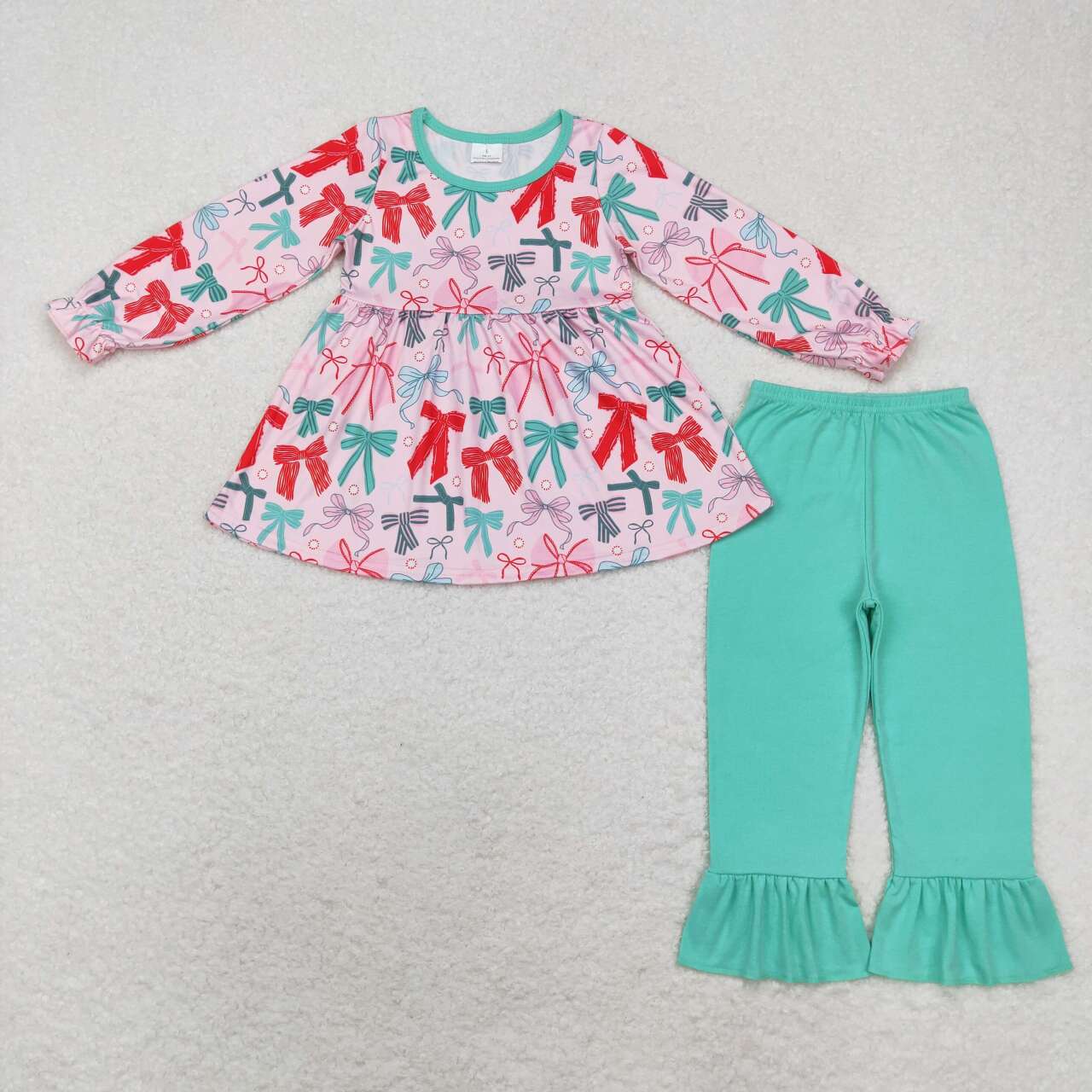 GLP1716 Pink long-sleeved green trousers suit with bow pattern