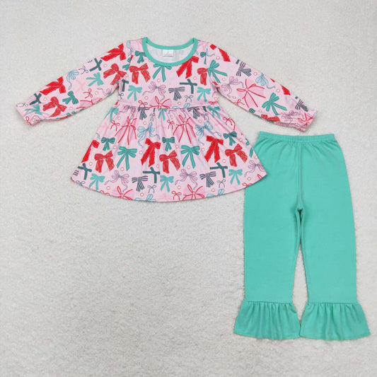 GLP1716 Pink long-sleeved green trousers suit with bow pattern