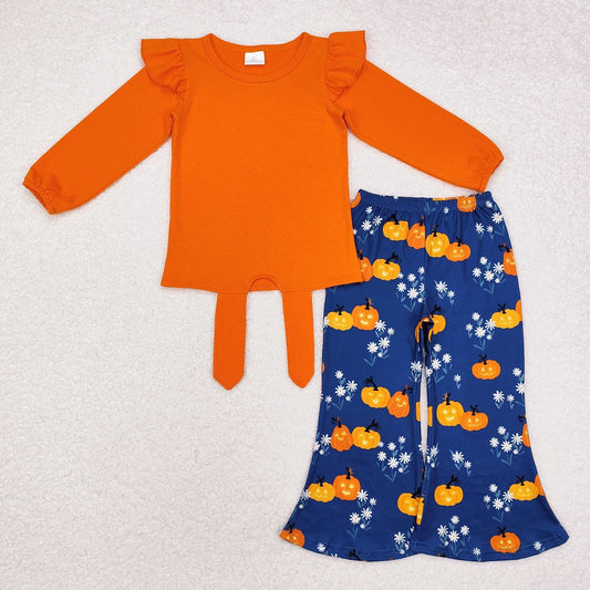 GLP1719 Solid Orange Lace Tie Long Sleeve Flower Halloween Pumpkin Blue Pants Set