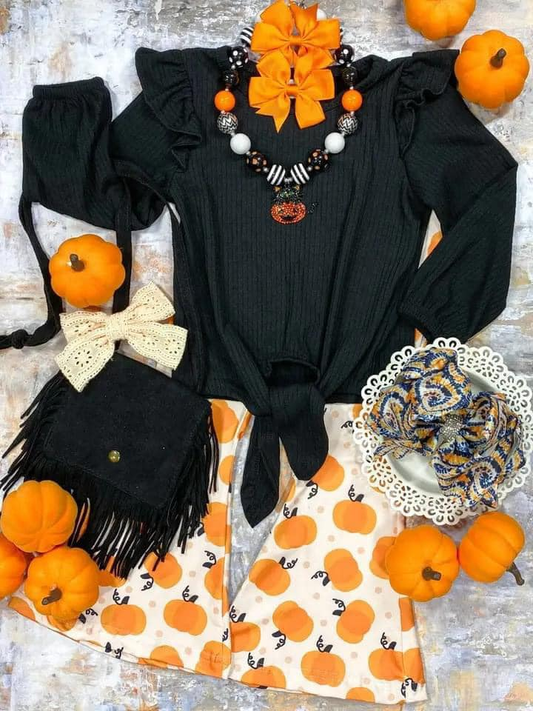 GLP1720 Solid Black Lace-Up Long Sleeve Pumpkin Polka Dot Pants Set
