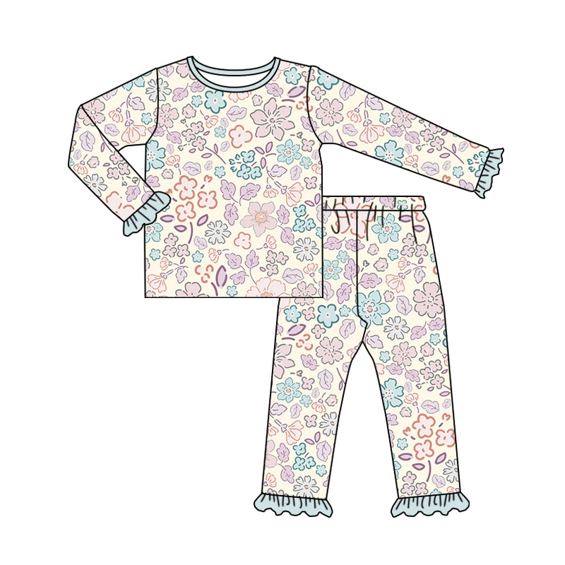 presale GLP1727 Beige long-sleeved trousers pajama set with floral blue lace   2024 8.1