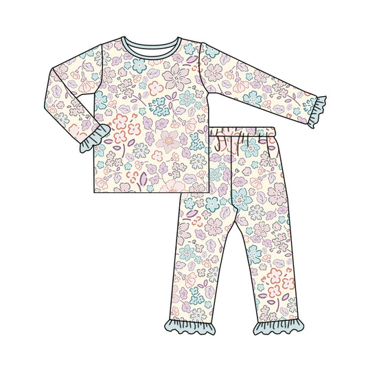 presale GLP1727 Beige long-sleeved trousers pajama set with floral blue lace 2024 8.1