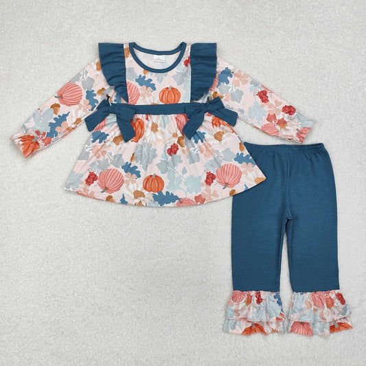GLP1728  Pumpkin Leaf Blue Lace Bow Long Sleeve Pants Set