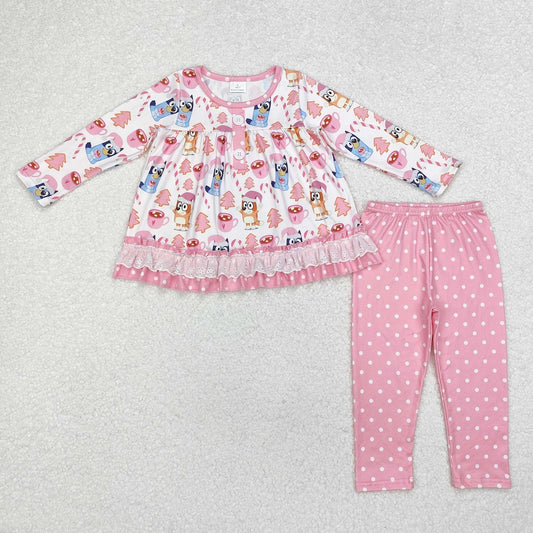 GLP1732 Christmas Cup Cane Polka Dot Pink Lace Long Sleeve Pants Set