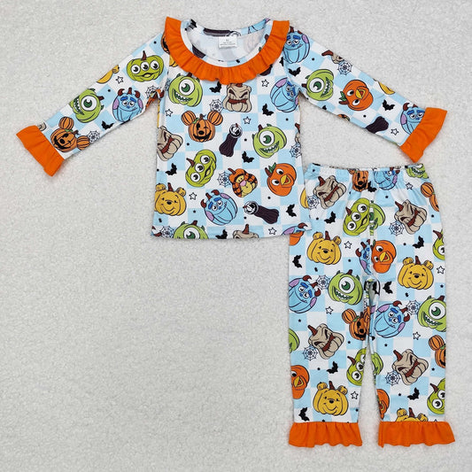 GLP1738  Halloween Orange Lace Blue and White Plaid Long Sleeve Pants Pajama Set