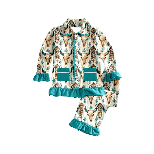 presale GLP1743 Alpine Bull Head Geometric Pattern Pocket Lace Beige Long Sleeve Long Pants Pajama Set 2024 8.5