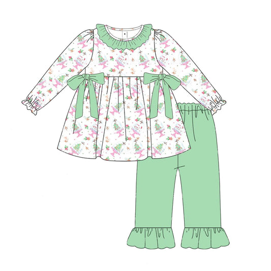 presale GLP1748 Christmas Tree Snowman Green Lace Bow White Long Sleeve Pants Set 2024 8.5