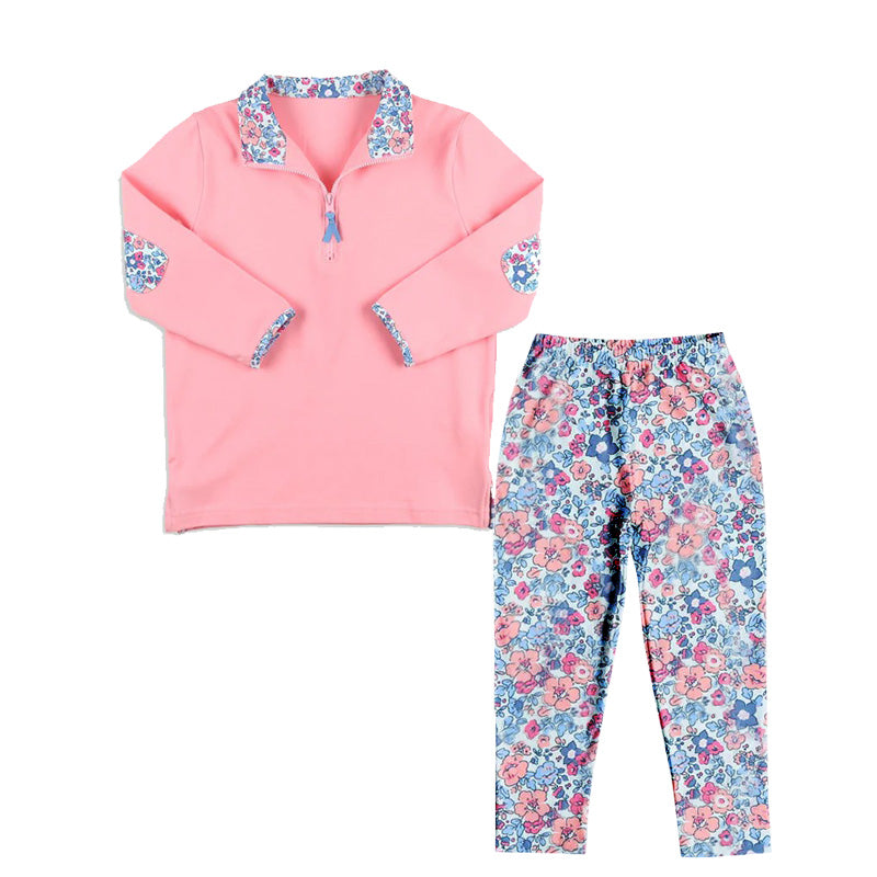 GLP1750  Pink floral zip-up long-sleeved pant suit