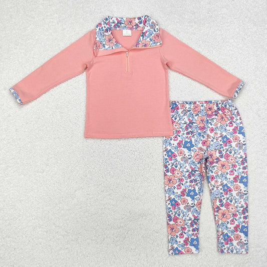 GLP1750 Pink floral zip-up long-sleeved pant suit