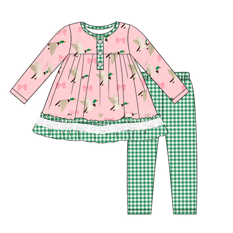 GLP1753  Duck bow pattern green plaid lace pink long-sleeved trousers suit