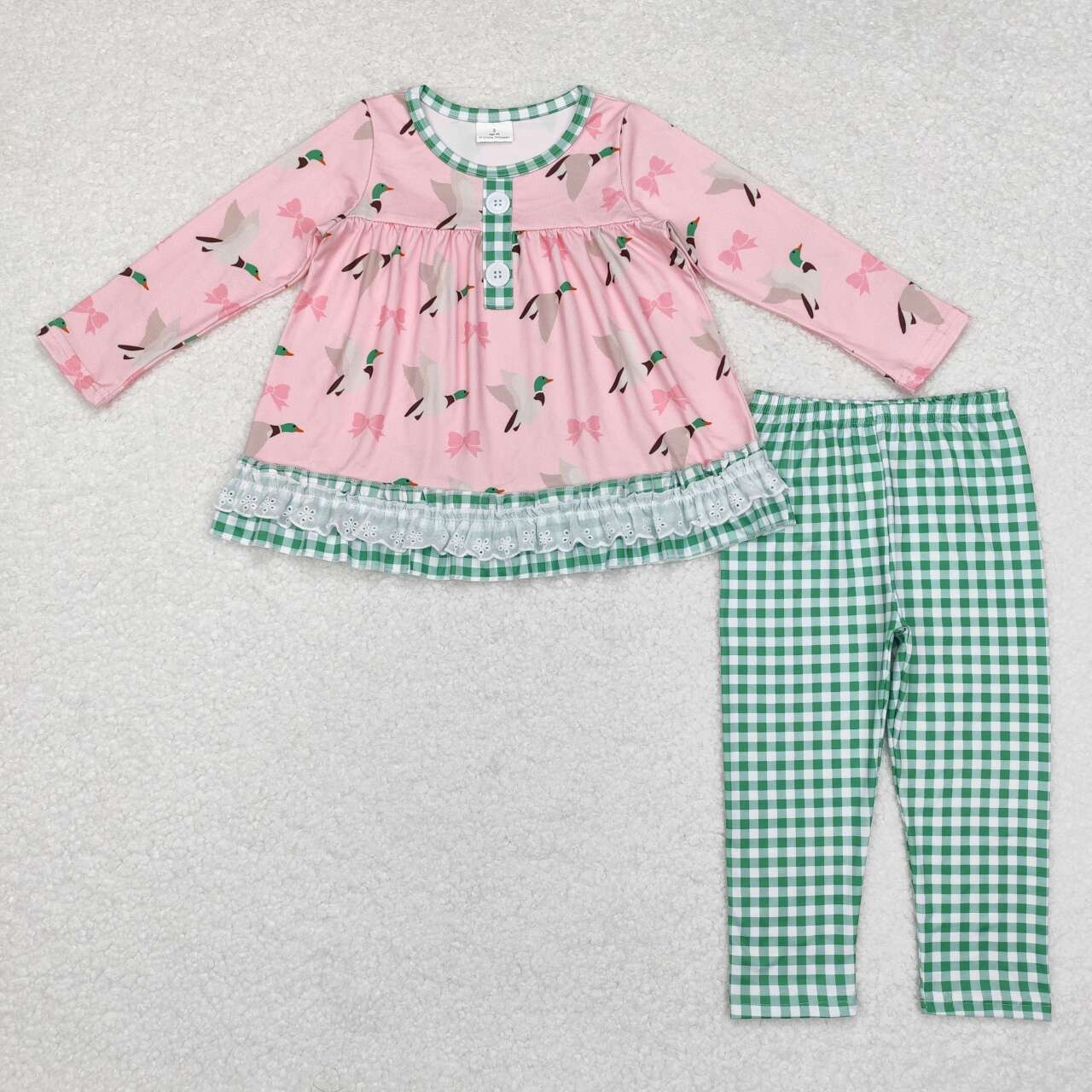 GLP1753  Duck bow pattern green plaid lace pink long-sleeved trousers suit