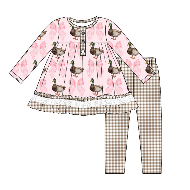 presale GLP1754  Duck Bow Pattern Brown Plaid Lace Pink Long Sleeve Pants Set  2024 8.7