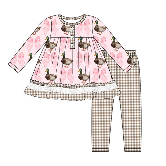 presale GLP1754  Duck Bow Pattern Brown Plaid Lace Pink Long Sleeve Pants Set  2024 8.7