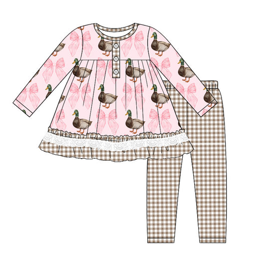 presale GLP1754 Duck Bow Pattern Brown Plaid Lace Pink Long Sleeve Pants Set 2024 8.7