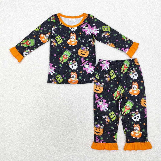 GLP1756 Halloween Pumpkin Star Lace Black and Orange Long Sleeve Long Pants Pajama Set