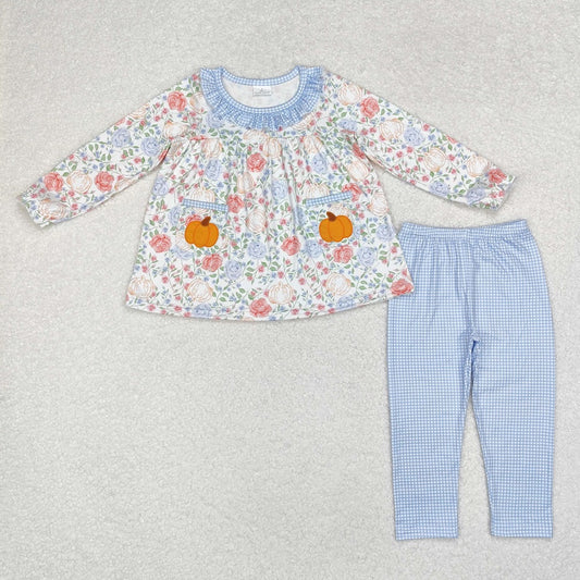 GLP1767  Flower Pumpkin Pocket Blue Plaid Lace Long Sleeve Pants Set