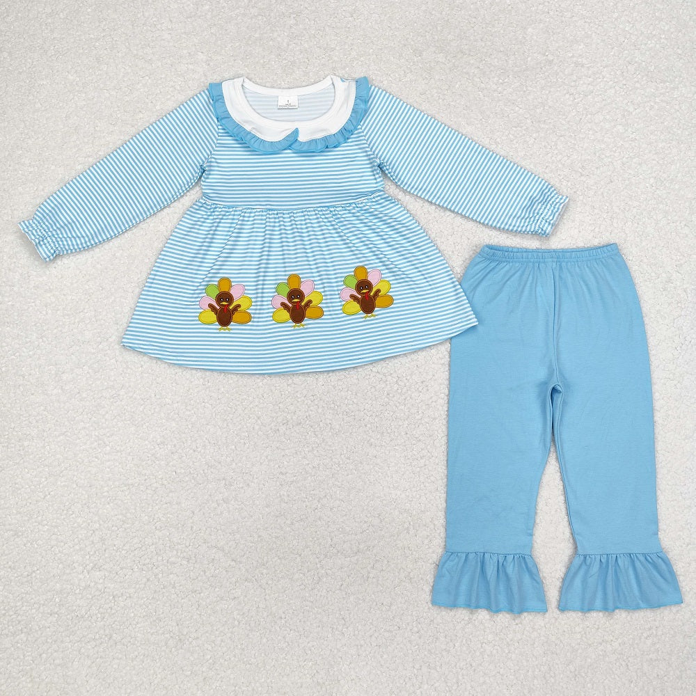 GLP1768 Turkey Collar Blue Striped Long Sleeve Pants Suit