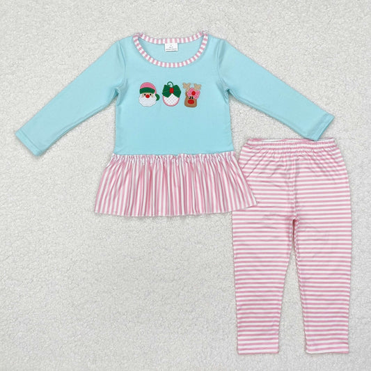 GLP1770 Santa Claus Reindeer Pink Lace Stripe Blue Long Sleeve Pants Suit