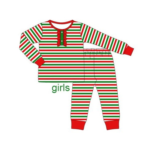 presale GLP1771  Christmas red and green striped lace white long-sleeved long pants pajama set  2024 8.9