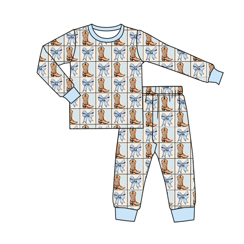 presale GLP1772  Boots Bow Pattern Plaid Blue Long Sleeve Long Pants Pajama Set  2024 8.10