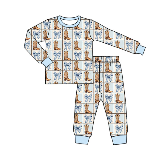 presale GLP1772 Boots Bow Pattern Plaid Blue Long Sleeve Long Pants Pajama Set 2024 8.10