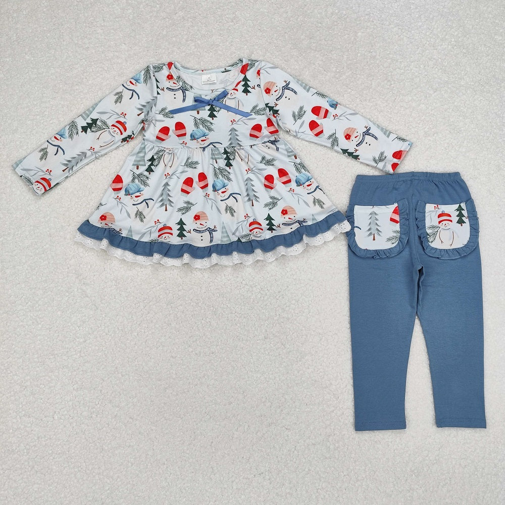 GLP1778  Christmas Snowman Gloves Lace Blue Long Sleeve Pants Set