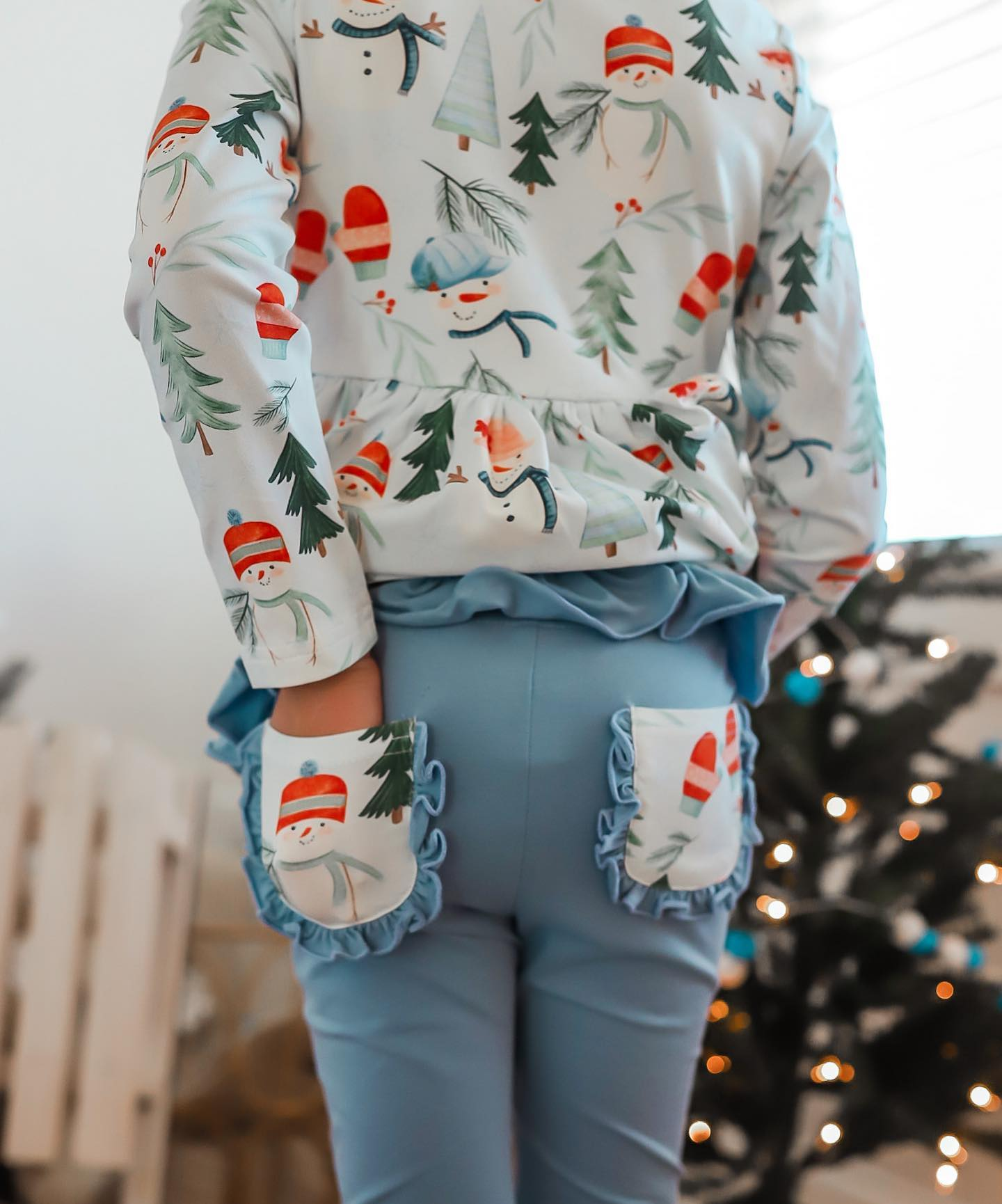 GLP1778  Christmas Snowman Gloves Lace Blue Long Sleeve Pants Set