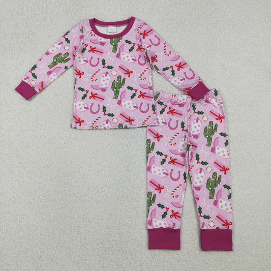 GLP1783 Baby Girls Christmas Western Boots Cactus Pajamas Clothes Sets
