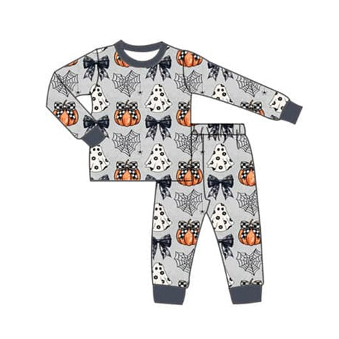 presale GLP1784  Halloween Bowknot Pumpkin Ghost Gray Long Sleeve Long Pants Pajama Set 2024 8.12